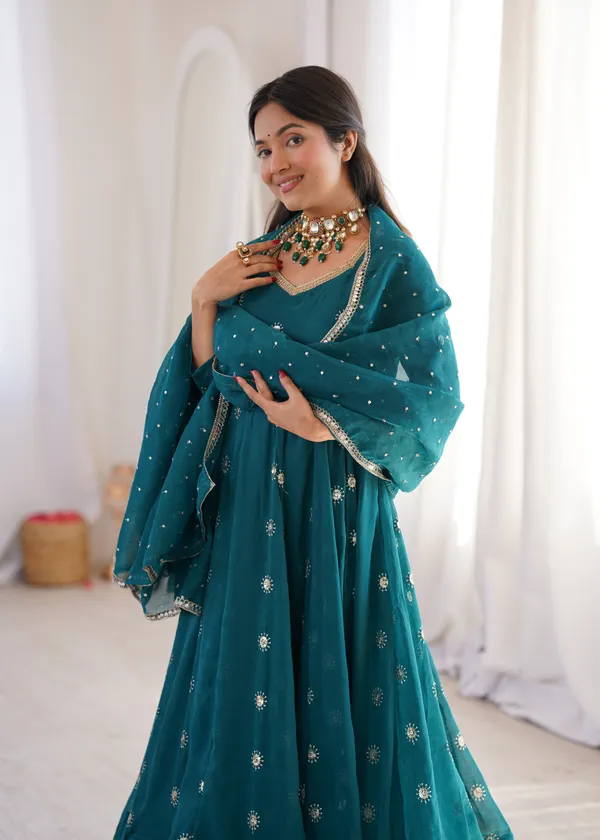 Turquoise_Flared_Anarkali_Kurta_Set_With_Matching_Trousers_And_A_Dupatta