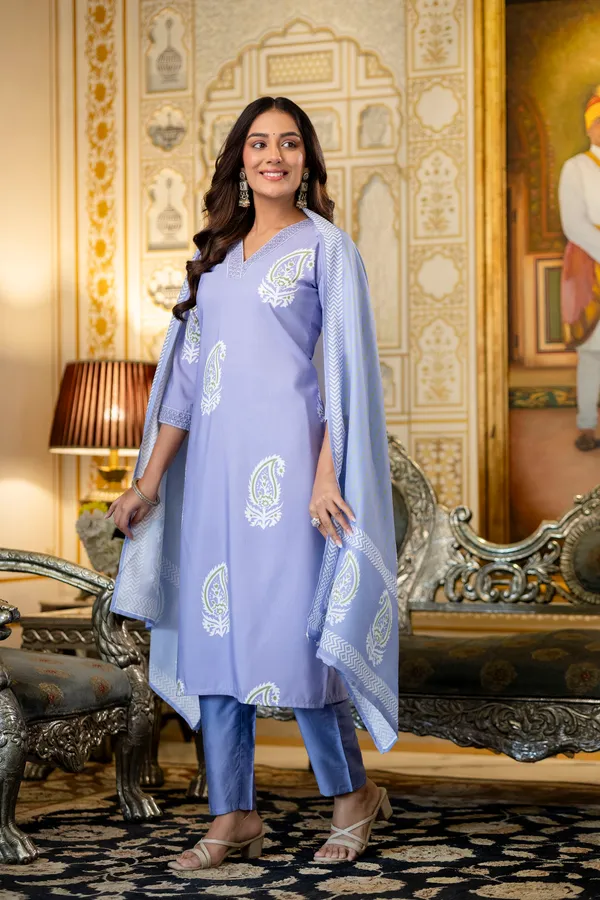 Lavender_Rayon_Printed_Kurta_Pant_Set_With_Chanderi_Dupatta