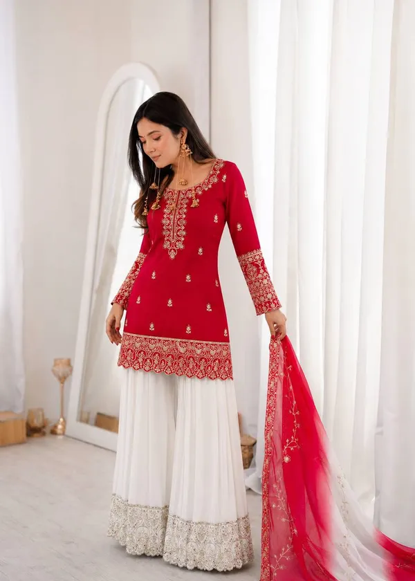 Artistic_Red_Ready_To_Wear_Natural_Silk_Top_Palazzo_With_Kundan_Organza_Dupatta_For_Diwali_Festival