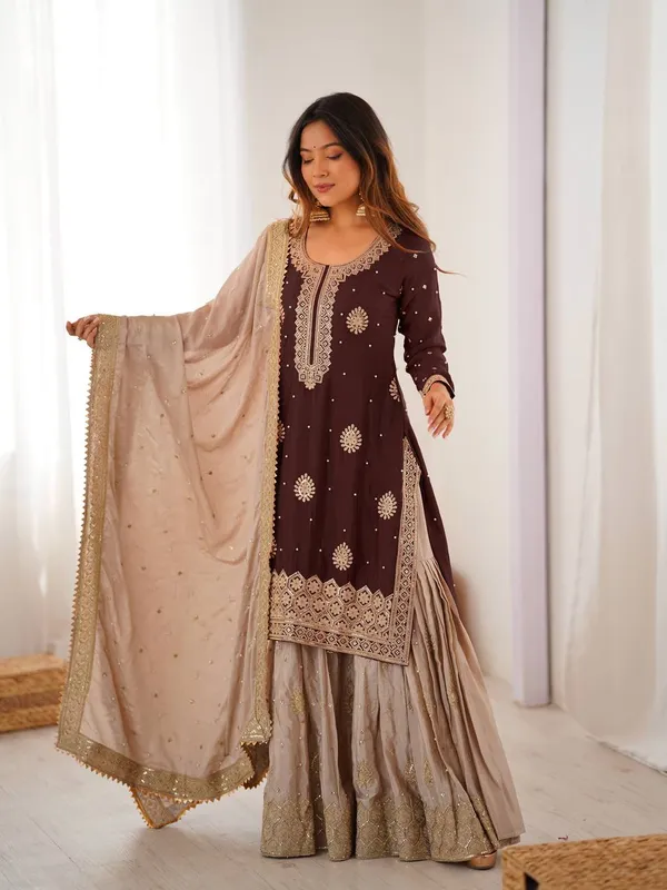 Brown_Embroidered_Sharara_Set_Featuring_Intricate_Zari_Thread_Work_And_A_Matching_Dupatta