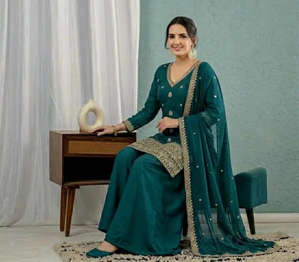 Women'S_Teal_Green_Embroidered_Kurta_Sharara_Set_With_Mal_Chanderi_Dupatta_Stitched
