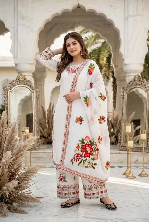 White_Faux_Georgette_Floral_Embroidered_Kurti_Set_For_Women