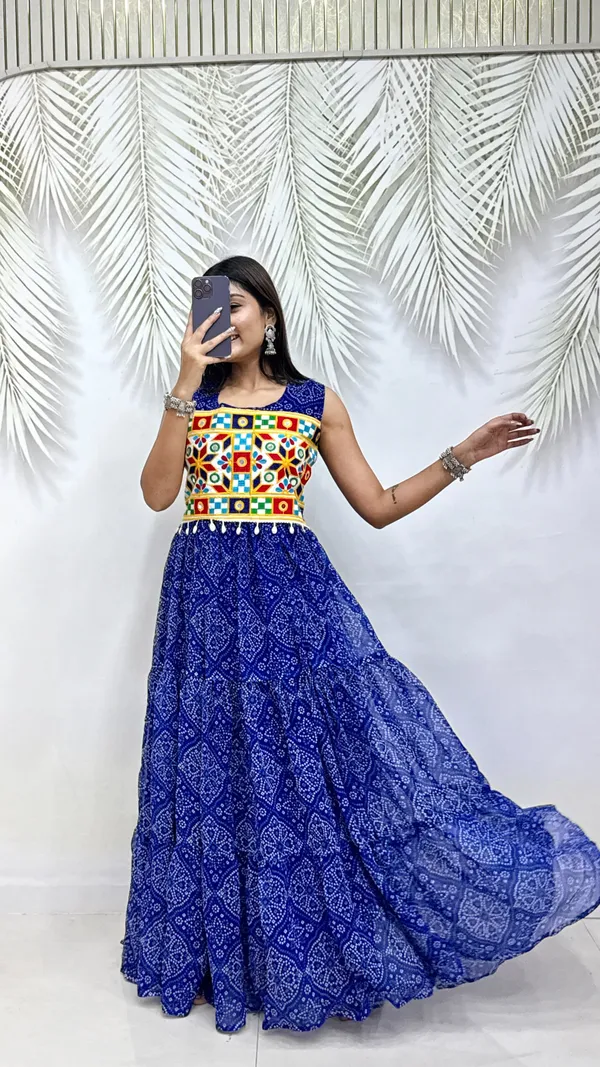 Royal_Blue_Pure_Georgette_Bandhej_Print_Navratri_Special_Tiered_Gown_With_Gamthi_Work