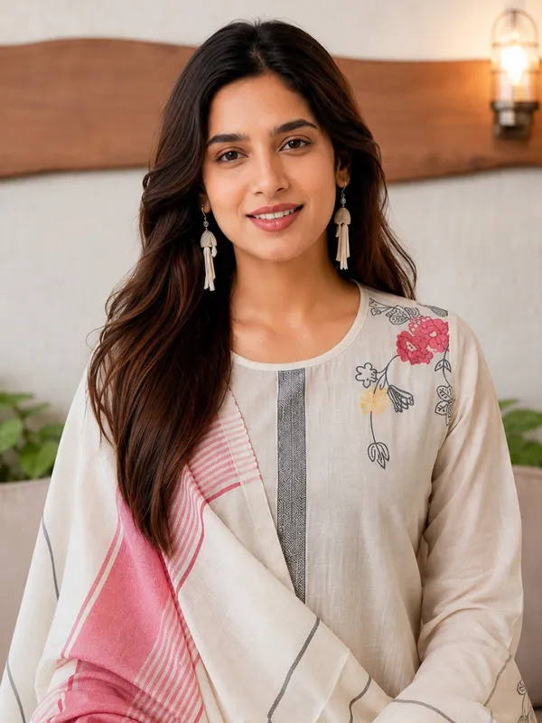 White_Cotton_Women_Kurti_Set_With_Dupatta_And_Inner_And_Bottom