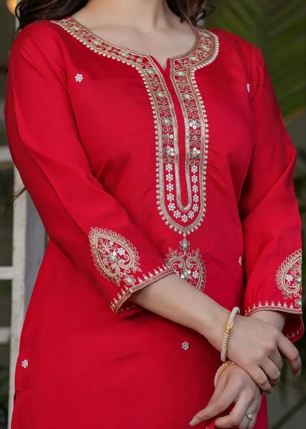 Red_Embroidered_Sequinned_Chanderi_Silk_Kurta_And_Trousers_With_Dupatta