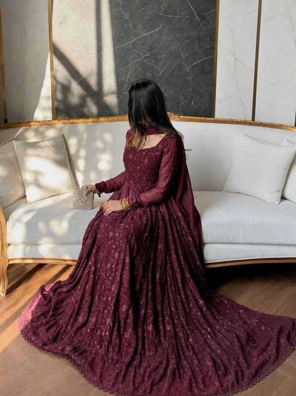 Wine_Thread_Embroidery_Work_With_Gpo_Lace_Georgette_Gown_Set_Stitched