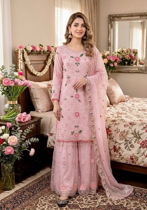 Pink_Floral_Embroidered_Georgette_Kurta_And_Sharara_Set_With_A_Matching_Dupatta