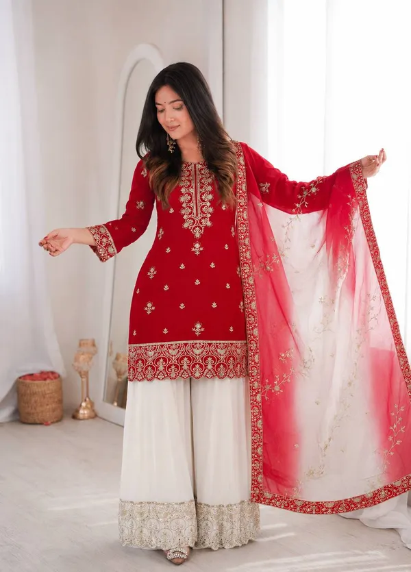 Artistic_Red_Ready_To_Wear_Natural_Silk_Top_Palazzo_With_Kundan_Organza_Dupatta_For_Diwali_Festival