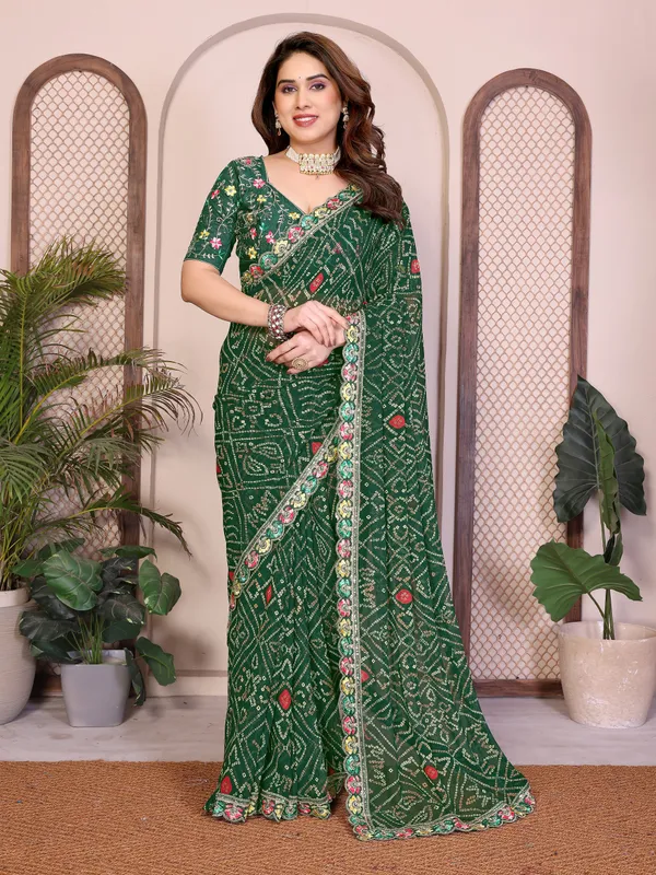 Green_Georgette_Bandhej_Print_Cutwork_Lace_Border_Saree_For_Women
