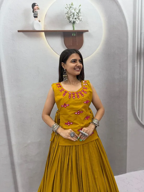 Mustard_Rayon_Cotton_Mirror_Lehenga_Jacket_Set