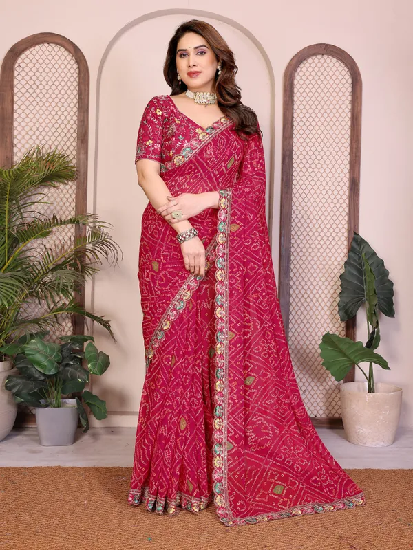 Agreeable_Pink_Georgette_Bandhej_Print_With_Cutwork_Lace_Border_Saree_With_Mono_Banglory_Silk_Blouse