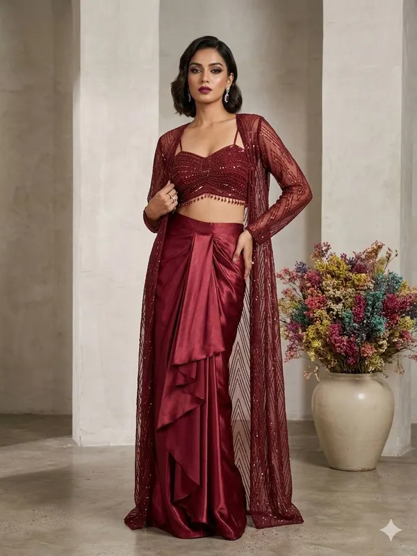 Maroon_Net_Readymade_Stitched_3_Piece_Set_With_Embroidery_And_Sequin_Work