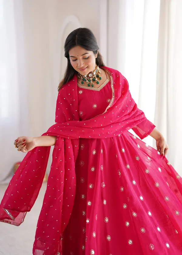 Rani_Pink_Flared_Anarkali_Kurta_Set_With_Matching_Trousers_And_A_Dupatta