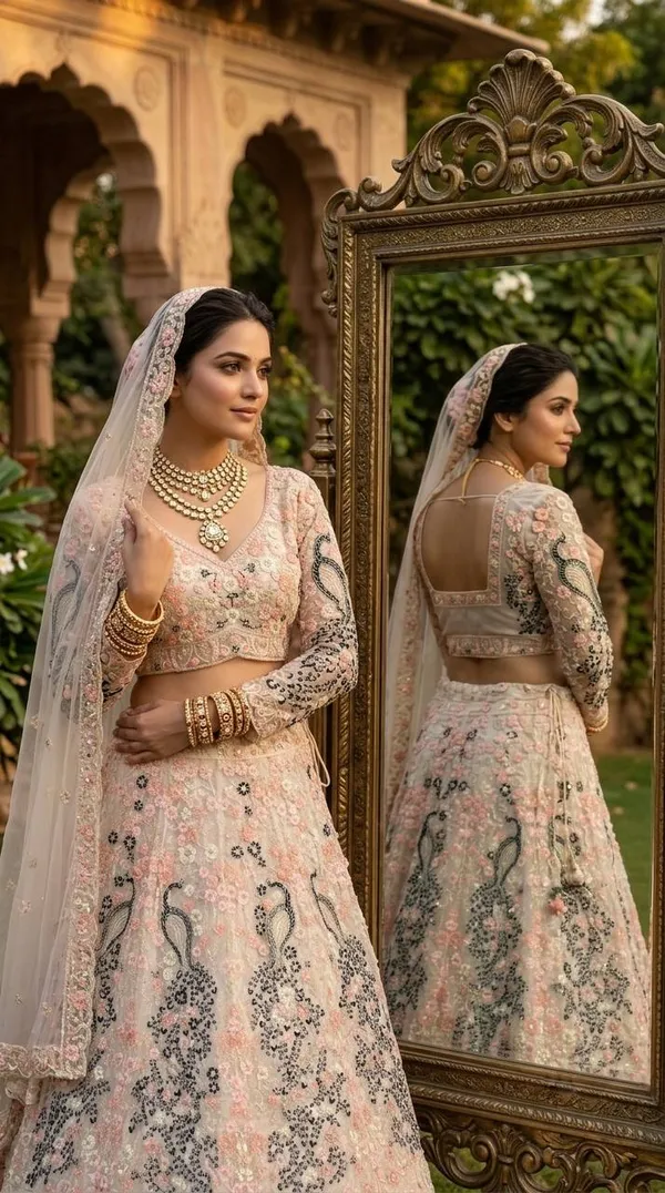Pastel-Toned,_Heavily_Embroidered_Lehenga_Featuring_Distinct_Peacock_Motifs_And_A_Sheer,_Sequin-Embellished_Dupatta