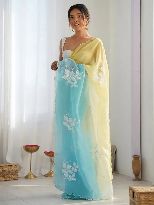 Yellow_And_Blue_Ombre_Silk_Blend_Saree_Accentuated_With_Floral_Sequins_Embroidery