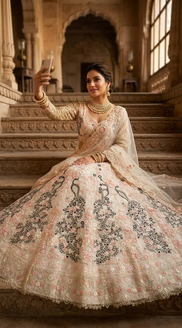 Pastel-Toned,_Heavily_Embroidered_Lehenga_Featuring_Distinct_Peacock_Motifs_And_A_Sheer,_Sequin-Embellished_Dupatta