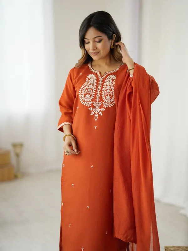 Orange_Color_V_Neck_Embroidered_Chanderi_Kurta_With_Palazzo_And_Dupatta_Set