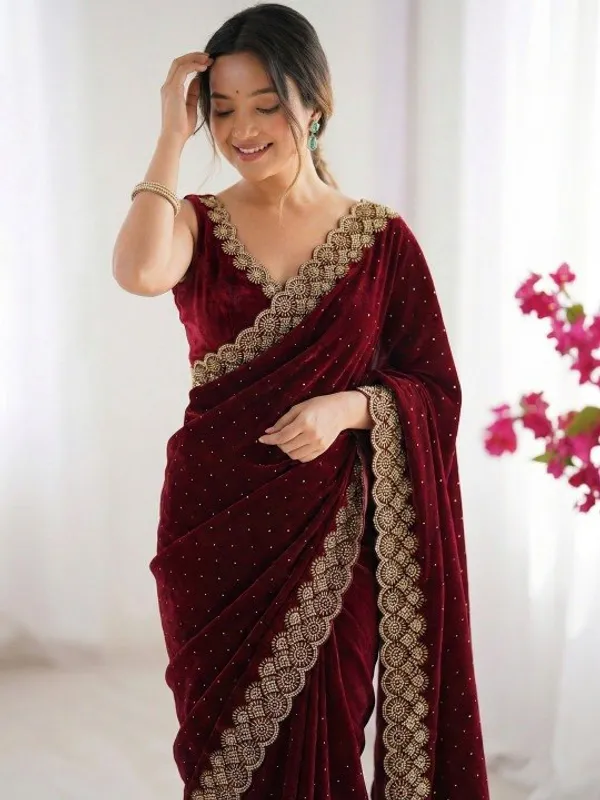 Maroon_Premium_Diamond_Work_Saree_For_Wedding