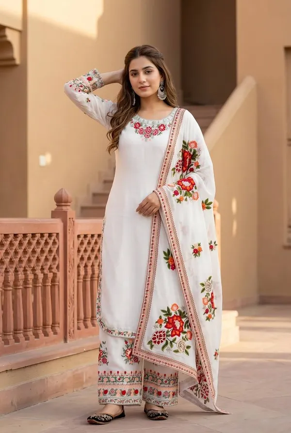 White_Faux_Georgette_Floral_Embroidered_Kurti_Set_For_Women