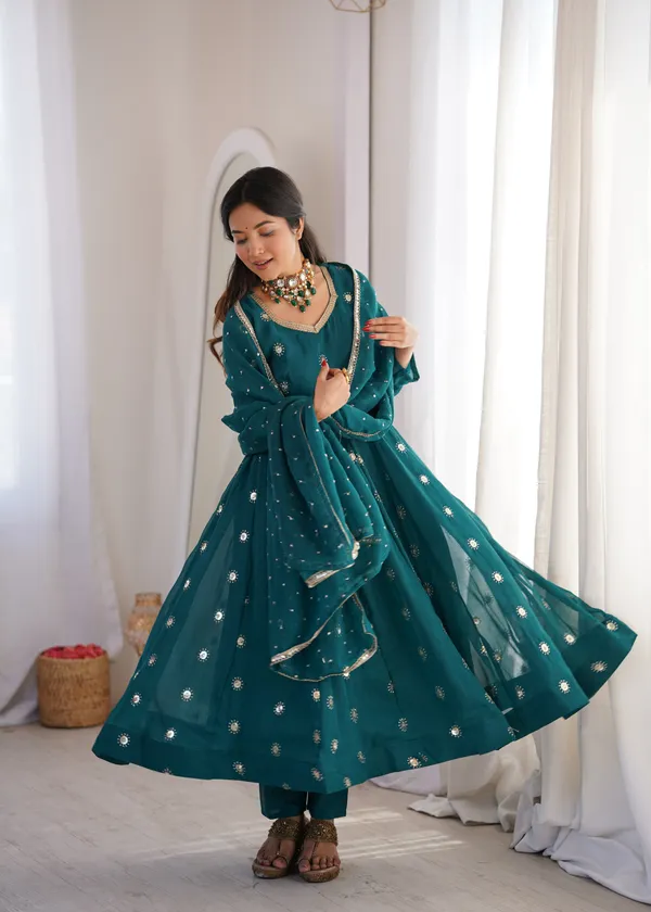 Turquoise_Flared_Anarkali_Kurta_Set_With_Matching_Trousers_And_A_Dupatta