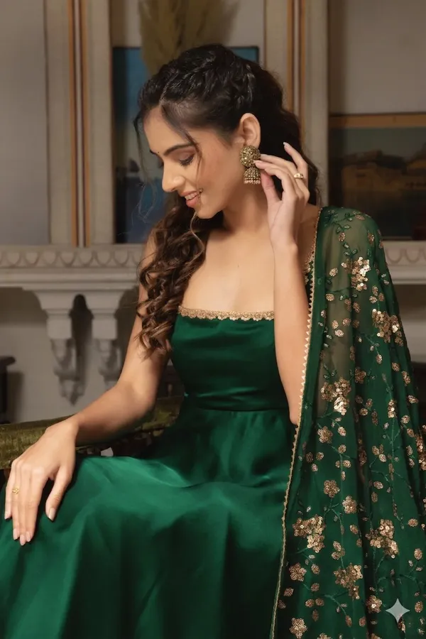 Green_Color_Hand_Work_Anarkali_Suit_Set_Of_3