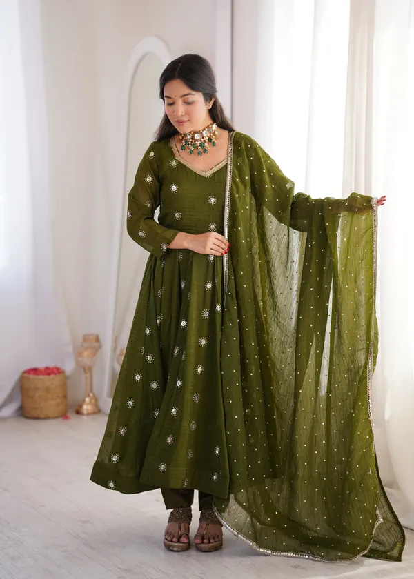 Green_Flared_Anarkali_Kurta_Set_With_Matching_Trousers_And_A_Dupatta