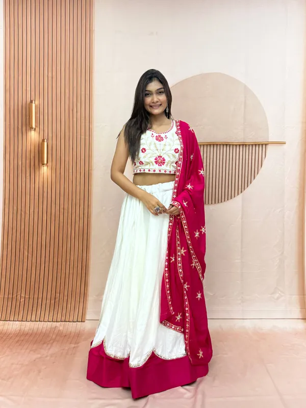Off-White_And_Rani_Pink_Pure_Cotton_Sequence_Thread_Work_Embroidery_Lehenga_Choli_Set