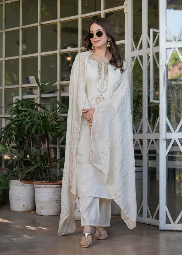White_Embroidered_Sequinned_Chanderi_Silk_Kurta_And_Trousers_With_Dupatta