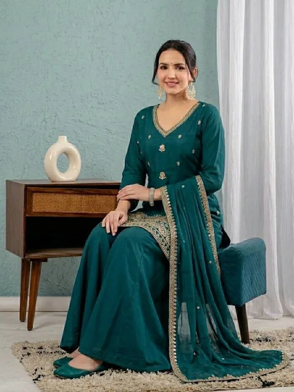 Women'S_Teal_Green_Embroidered_Kurta_Sharara_Set_With_Mal_Chanderi_Dupatta_Stitched