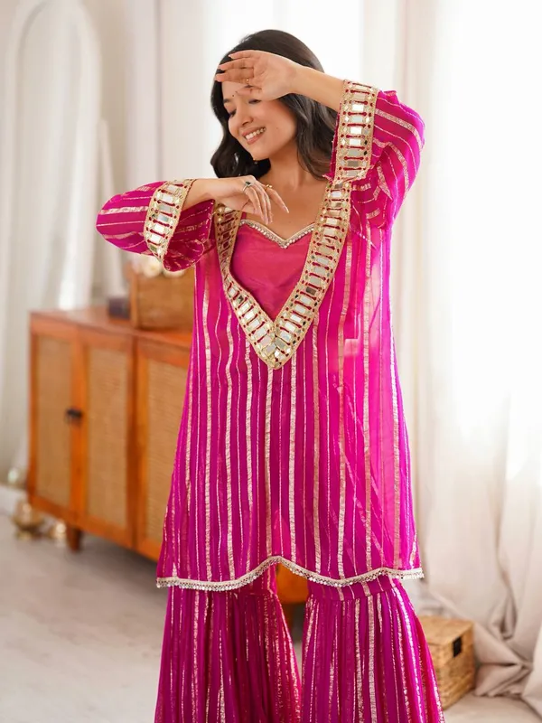 Women'S_Hot_Pink_Gold_Zari_Top_And_Sharara_Set_With_Real_Mirror_Embroidery