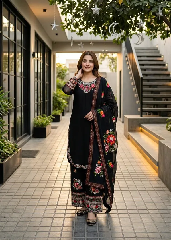 Black_Faux_Georgette_Embroidered_Party_Wear_Kurti_Set_For_Women