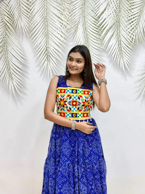 Royal_Blue_Pure_Georgette_Bandhej_Print_Navratri_Special_Tiered_Gown_With_Gamthi_Work