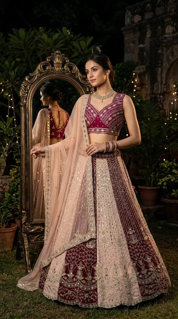 Maroon_And_Silver-Toned_Embroidered_Semi-Stitched_Lehenga_Choli_With_A_Peach_Dupatta
