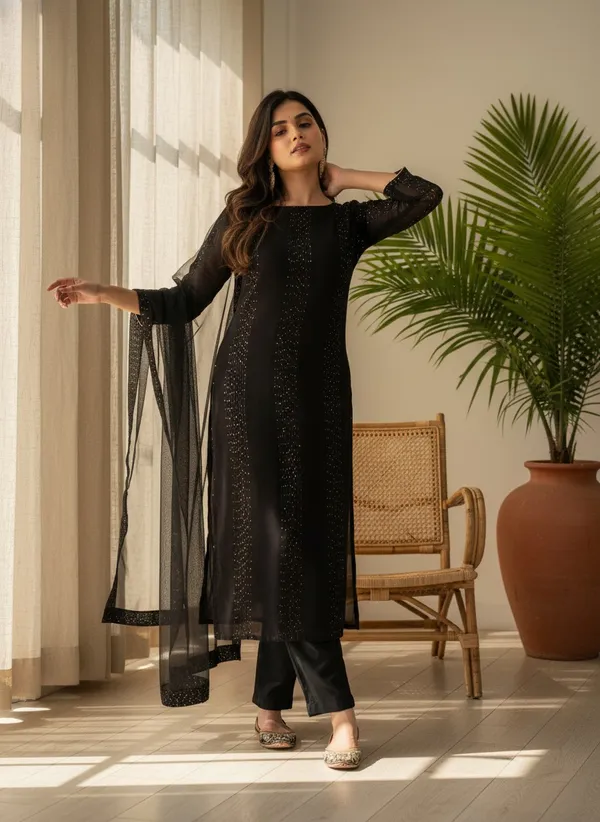 Women'S_Black_Faux_Georgette_Sequin_Embroidered_Kurta_Pant_Set_With_Net_Dupatta