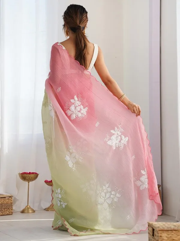Yellow_And_Pink_Ombre_Silk_Blend_Saree_Accentuated_With_Floral_Sequins_Embroidery