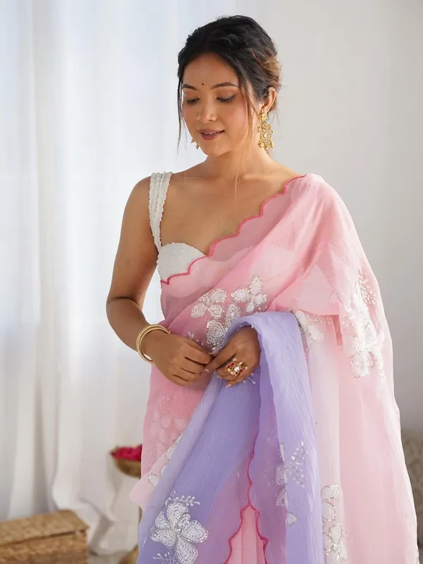 Purple_And_Pink_Ombre_Silk_Blend_Saree_Accentuated_With_Floral_Sequins_Embroidery