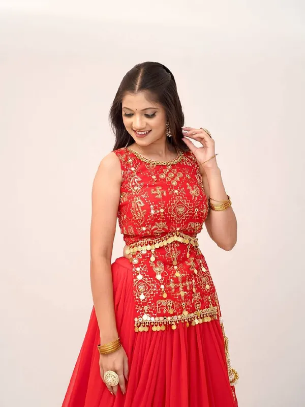 Bright_Red_Heavy_Real_Mirror_Lace_And_Lampi_Work_Flared_Lehenga_With_Embroidered_Long_Kurti_Blouse