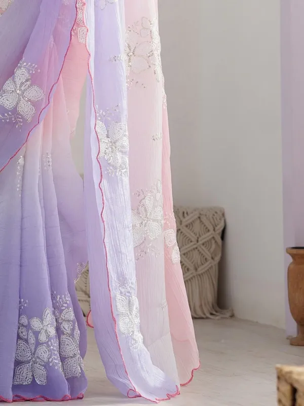 Purple_And_Pink_Ombre_Silk_Blend_Saree_Accentuated_With_Floral_Sequins_Embroidery