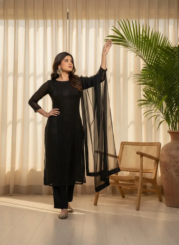 Women'S_Black_Faux_Georgette_Sequin_Embroidered_Kurta_Pant_Set_With_Net_Dupatta