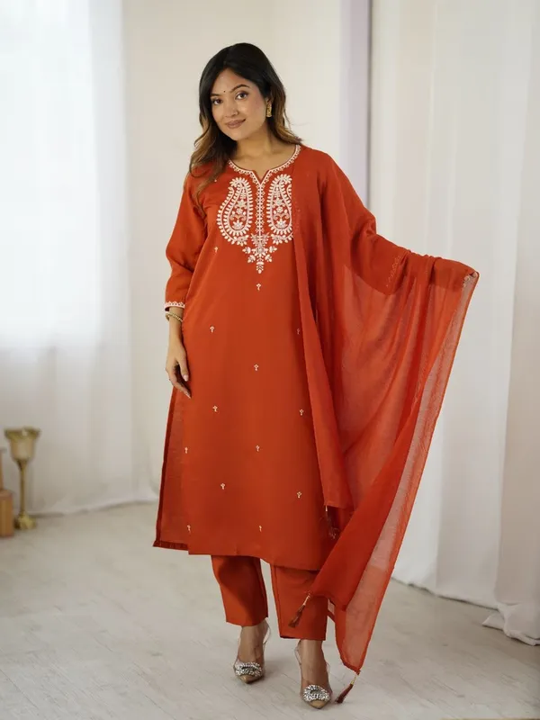 Orange_Color_V_Neck_Embroidered_Chanderi_Kurta_With_Palazzo_And_Dupatta_Set
