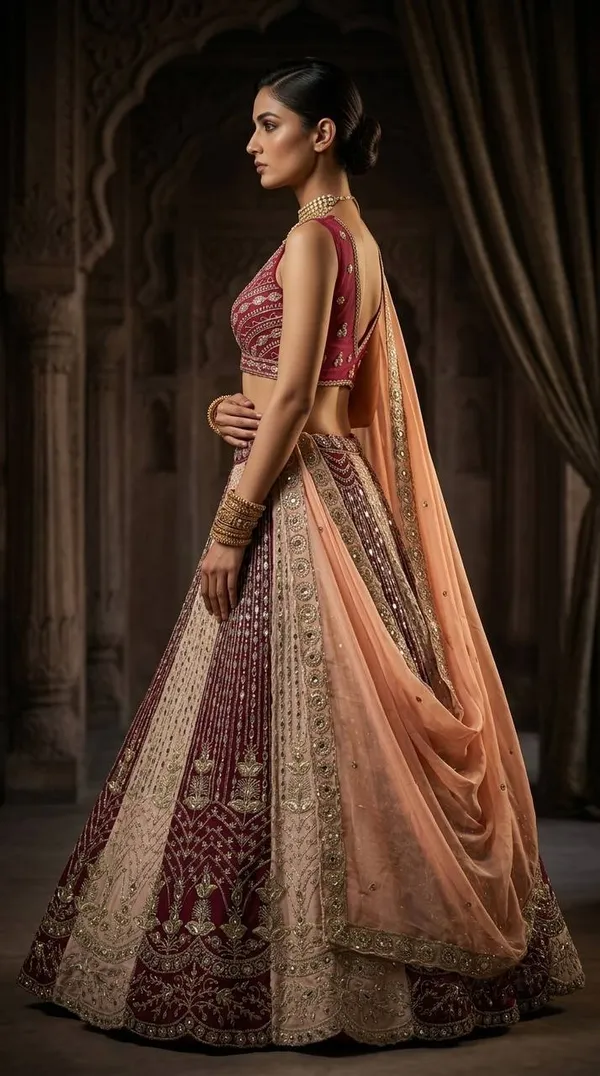 Maroon_And_Silver-Toned_Embroidered_Semi-Stitched_Lehenga_Choli_With_A_Peach_Dupatta