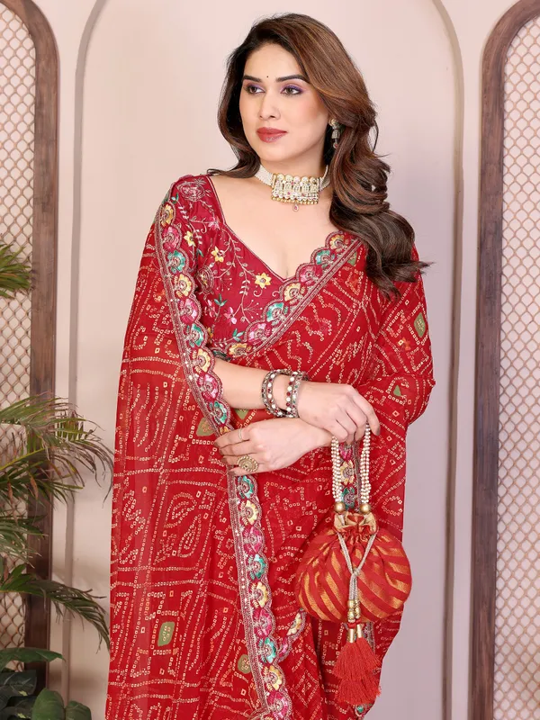Red_Georgette_Bandhej_Print_Cutwork_Lace_Border_Saree_For_Women