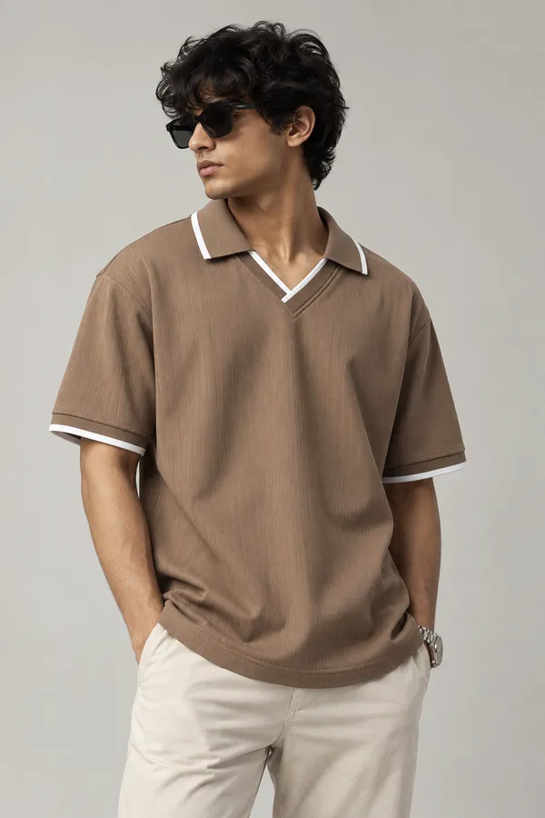 Brown_Jacquard_Contrast_Trim_Polo_T_Shirt_For_Men