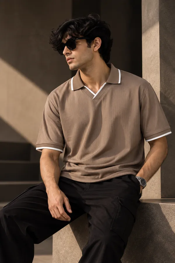 Brown_Jacquard_Contrast_Trim_Polo_T_Shirt_For_Men