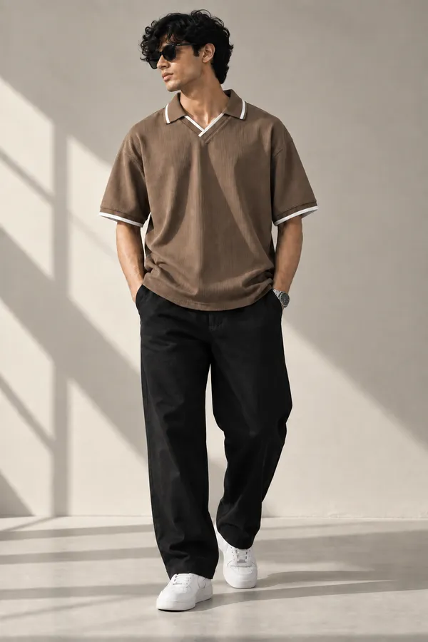 Brown_Jacquard_Contrast_Trim_Polo_T_Shirt_For_Men