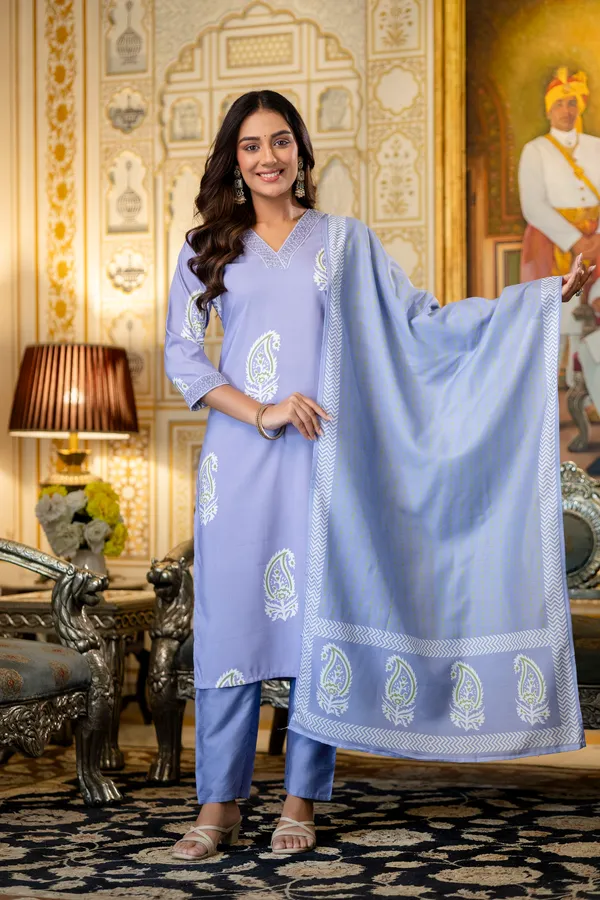 Lavender_Rayon_Printed_Kurta_Pant_Set_With_Chanderi_Dupatta