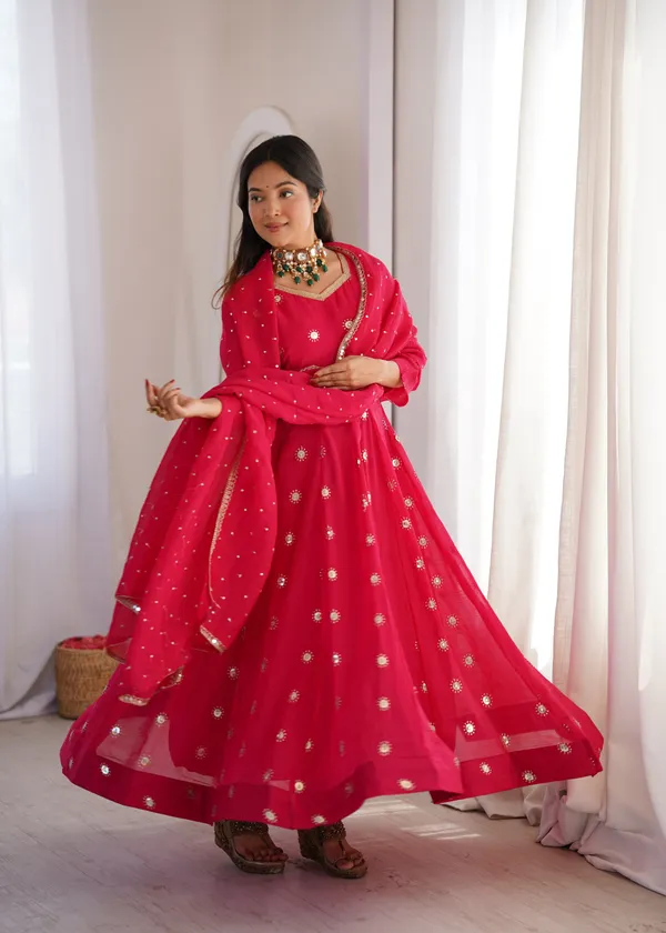 Rani_Pink_Flared_Anarkali_Kurta_Set_With_Matching_Trousers_And_A_Dupatta