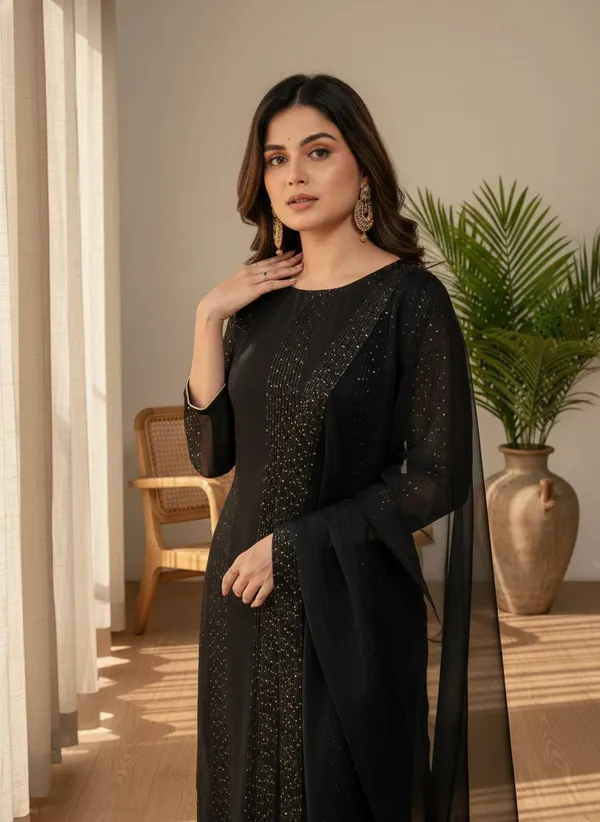 Women'S_Black_Faux_Georgette_Sequin_Embroidered_Kurta_Pant_Set_With_Net_Dupatta