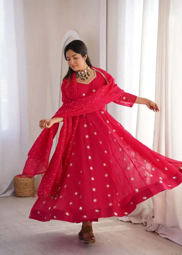 Rani_Pink_Flared_Anarkali_Kurta_Set_With_Matching_Trousers_And_A_Dupatta