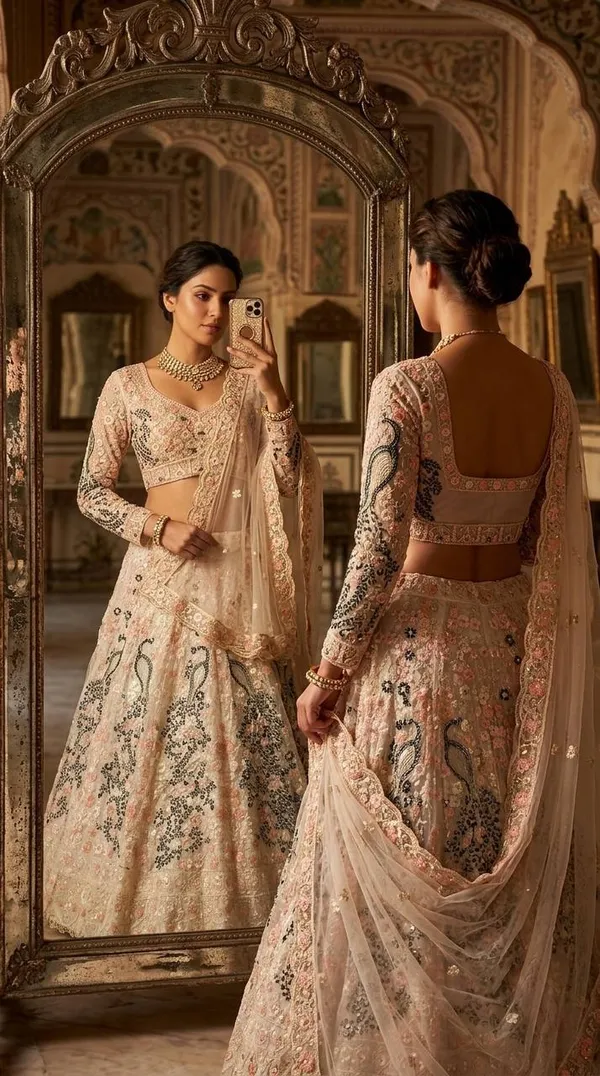 Pastel-Toned,_Heavily_Embroidered_Lehenga_Featuring_Distinct_Peacock_Motifs_And_A_Sheer,_Sequin-Embellished_Dupatta